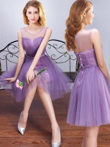 Enchanting Scoop Mini Length A-line Sleeveless Lavender Dama Dress for Quinceanera Lace Up