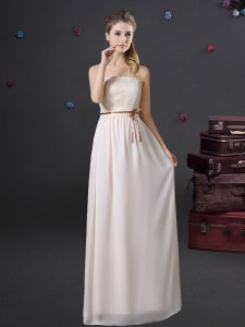 Fantastic Chiffon Strapless Sleeveless Lace Up Lace and Belt Wedding Guest Dresses in White
