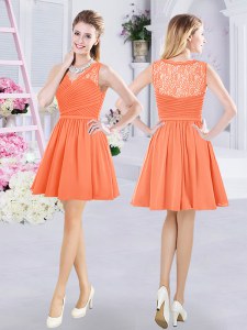 Unique Orange A-line V-neck Sleeveless Chiffon Mini Length Side Zipper Lace and Ruching Bridesmaids Dress