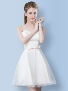 Cheap White Lace Up Bridesmaid Dresses Bowknot Sleeveless Knee Length