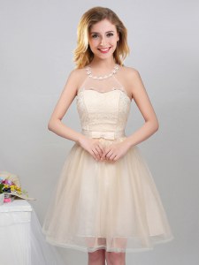 Champagne A-line Tulle Halter Top Sleeveless Lace and Appliques and Belt Mini Length Lace Up Bridesmaids Dress