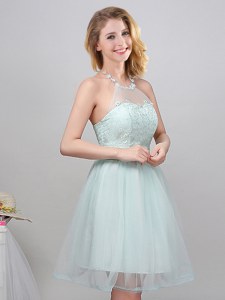 Mini Length Apple Green Court Dresses for Sweet 16 Halter Top Sleeveless Lace Up