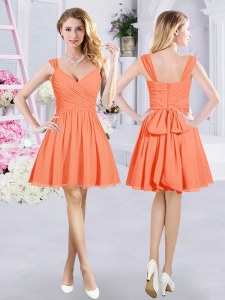 Ruching and Belt Bridesmaids Dress Orange Zipper Sleeveless Mini Length