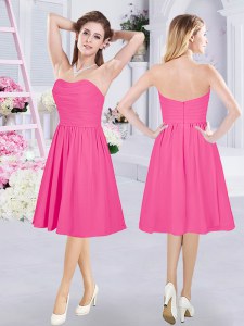 Classical Hot Pink Zipper Bridesmaid Gown Ruching Sleeveless Knee Length