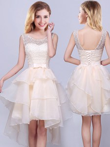 Lovely Scoop Sleeveless Lace Up Quinceanera Dama Dress Champagne Organza