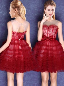 Chic Wine Red Tulle Lace Up Scoop Sleeveless Mini Length Quinceanera Dama Dress Lace and Bowknot