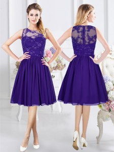 Best Selling Scoop Sleeveless Bridesmaid Gown Knee Length Lace Purple Chiffon