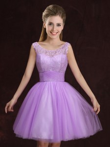 Sophisticated Lilac A-line Scoop Sleeveless Tulle Mini Length Lace Up Lace and Ruching Bridesmaid Dresses