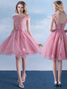 Delicate Pink Scoop Lace Up Appliques and Belt Bridesmaid Gown Cap Sleeves
