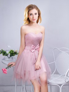 Tulle Sleeveless Mini Length Dama Dress and Ruching and Bowknot