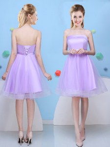 Lavender Lace Up Strapless Bowknot Bridesmaid Dress Tulle Sleeveless