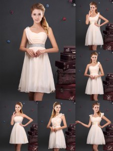 Champagne Zipper Bridesmaid Dresses Ruffles and Sequins and Ruching and Bowknot and Hand Made Flower Sleeveless Mini Length