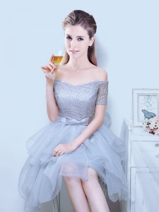 Flirting Off the Shoulder Grey Short Sleeves Organza Lace Up Dama Dress for Prom and Party and Wedding Party