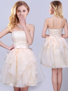 Strapless Sleeveless Lace Up Bridesmaid Dresses Champagne Organza
