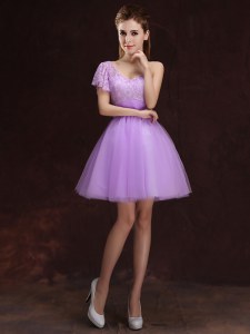 Adorable One Shoulder Lace and Ruching Bridesmaids Dress Lilac Lace Up Sleeveless Mini Length