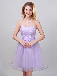 Halter Top Sleeveless Quinceanera Court of Honor Dress Mini Length Lace and Appliques and Belt Lavender Tulle