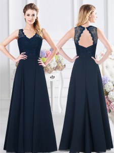 Low Price Sleeveless Backless Floor Length Lace and Ruching Damas Dress