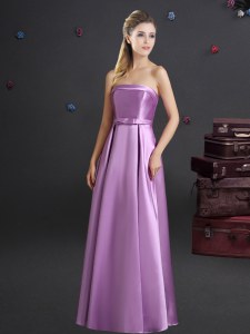 Fitting Lilac Empire Bowknot Court Dresses for Sweet 16 Zipper Elastic Woven Satin Sleeveless Floor Length