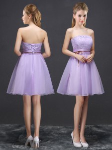 Lavender Sleeveless Lace and Belt Mini Length Vestidos de Damas