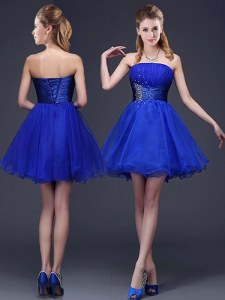 Royal Blue A-line Organza Strapless Sleeveless Beading and Ruching Mini Length Lace Up Court Dresses for Sweet 16