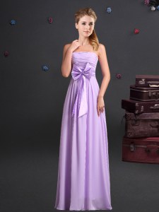 Ruching and Bowknot Quinceanera Court Dresses Lavender Zipper Sleeveless Floor Length