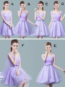 Straps Ruching and Bowknot Bridesmaids Dress Lavender Zipper Cap Sleeves Knee Length