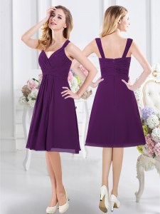 Fantastic Purple Zipper Dama Dress Ruching Sleeveless Knee Length