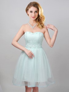 Stunning Sleeveless Tulle Mini Length Lace Up Vestidos de Damas in Apple Green with Lace and Appliques