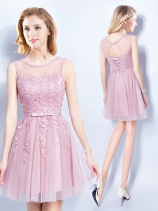 Glorious Scoop Tulle Sleeveless Mini Length Quinceanera Court of Honor Dress and Appliques and Belt