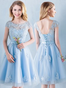 Superior Knee Length Light Blue Court Dresses for Sweet 16 Scoop Short Sleeves Lace Up