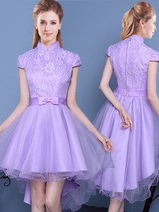 Lavender High-neck Neckline Lace and Bowknot and Belt Wedding Guest Dresses Short Sleeves Zipper