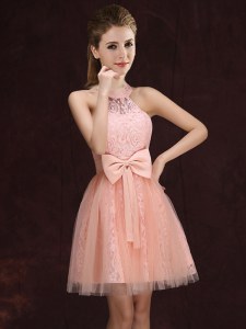 Latest Peach A-line Tulle and Lace Halter Top Sleeveless Lace and Bowknot Mini Length Lace Up Dama Dress for Quinceanera