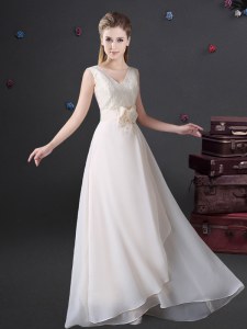 Admirable V-neck Sleeveless Chiffon Wedding Guest Dresses Lace and Bowknot Zipper