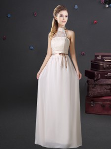 Halter Top Sleeveless Chiffon Bridesmaid Dresses Lace and Belt Lace Up