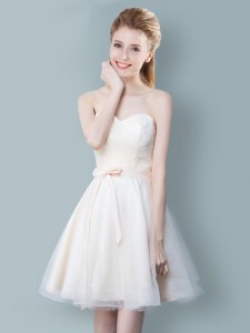 Elegant Champagne Zipper Sweetheart Ruching and Bowknot Bridesmaids Dress Tulle Sleeveless