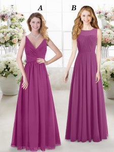 Sleeveless Chiffon Floor Length Zipper Bridesmaid Gown in Fuchsia with Ruching