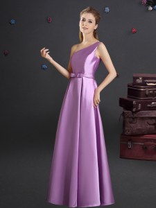 One Shoulder Lilac Zipper Wedding Guest Dresses Bowknot Sleeveless Floor Length