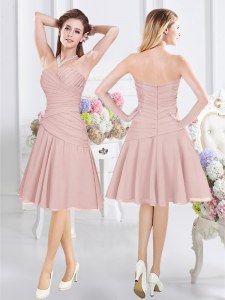 Knee Length Pink Bridesmaid Dresses Chiffon Sleeveless Ruching