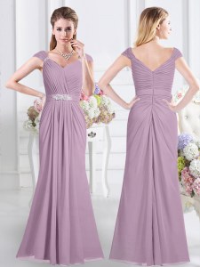 Glittering Lavender Sweetheart Zipper Beading and Ruching Bridesmaid Dress Cap Sleeves