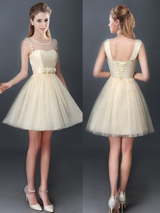 Graceful Scoop Sleeveless Tulle Dama Dress for Quinceanera Lace and Hand Made Flower Lace Up
