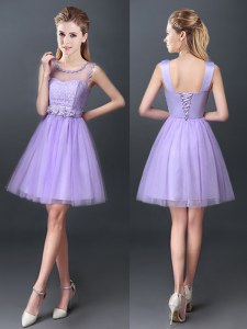 Scoop Lavender Sleeveless Lace Mini Length Bridesmaid Dresses