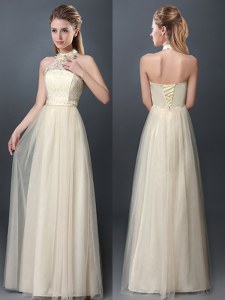 Halter Top Champagne Empire Lace and Appliques Wedding Guest Dresses Lace Up Tulle Sleeveless Floor Length