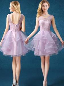 Knee Length Lavender Quinceanera Court of Honor Dress Scoop Sleeveless Lace Up