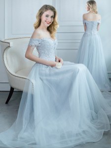 Off the Shoulder Floor Length Light Blue Court Dresses for Sweet 16 Tulle Cap Sleeves Beading and Appliques