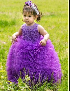 Custom Design Scoop Sleeveless Floor Length Lace and Ruffles Lace Up Flower Girl Dresses with Lavender