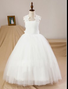 Sleeveless Tulle Floor Length Criss Cross Flower Girl Dresses for Less in White with Lace and Appliques