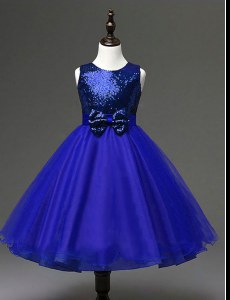 Pretty Scoop Royal Blue Sleeveless Ankle Length Sequins and Bowknot Zipper Flower Girl Dresses