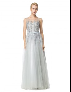 Traditional Floor Length Silver Prom Gown Scoop Sleeveless Zipper