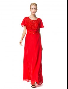Red Empire Chiffon Scoop Short Sleeves Beading and Appliques Floor Length Backless Prom Evening Gown