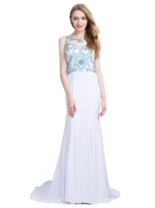 Scoop Sleeveless With Train Beading Zipper Formal Evening Gowns with White Brush Train